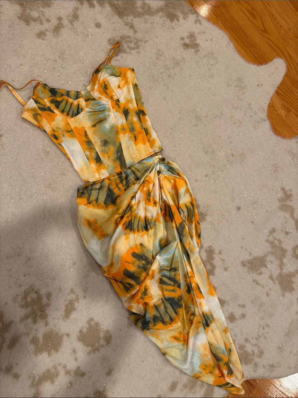 PrettyLittleThing Orange & Green One-Shoulder Tie-Dye Dress